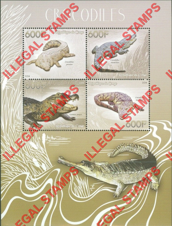 Congo Republic 2014 Crocodiles Illegal Stamp Souvenir Sheet of 4 Congo Republic 2014 Crocodiles Illegal Stamp Souvenir Sheet of 4