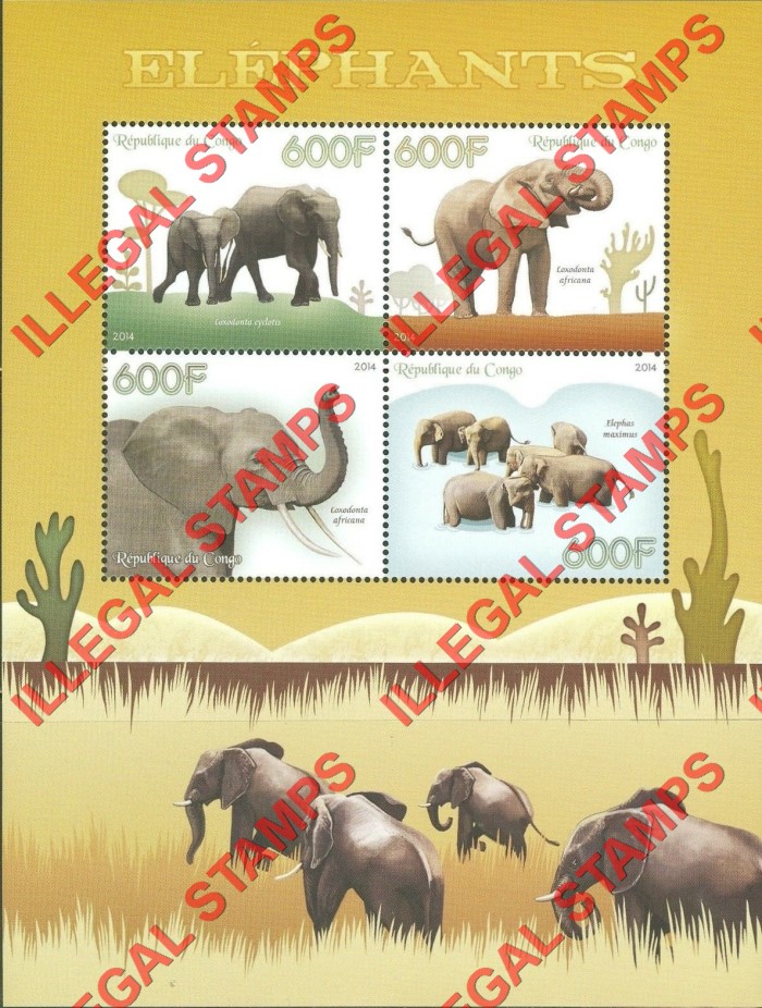 Congo Republic 2014 Elephants Illegal Stamp Souvenir Sheet of 4 Congo Republic 2014 Elephants Illegal Stamp Souvenir Sheet of 4