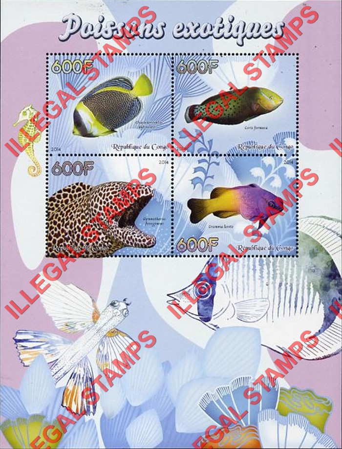 Congo Republic 2014 Fish Illegal Stamp Souvenir Sheet of 4 Congo Republic 2014 Fish Illegal Stamp Souvenir Sheet of 4