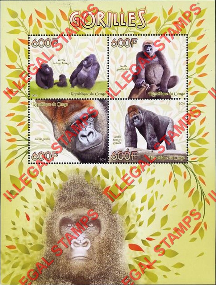 Congo Republic 2014 Gorillas Illegal Stamp Souvenir Sheet of 4 Congo Republic 2014 Gorillas Illegal Stamp Souvenir Sheet of 4