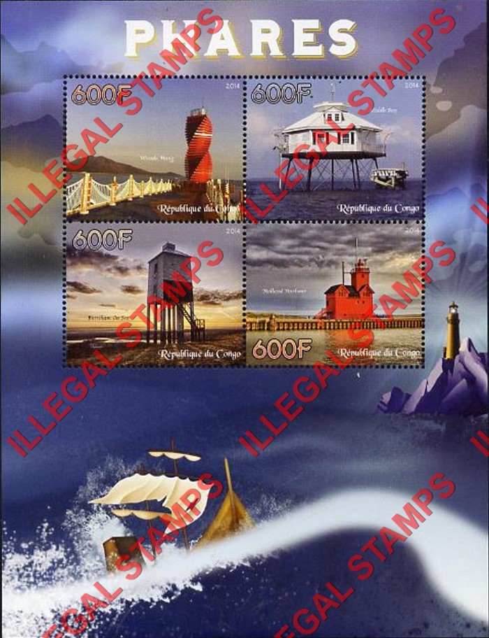Congo Republic 2014 Lighthouses Illegal Stamp Souvenir Sheet of 4 Congo Republic 2014 Lighthouses Illegal Stamp Souvenir Sheet of 4