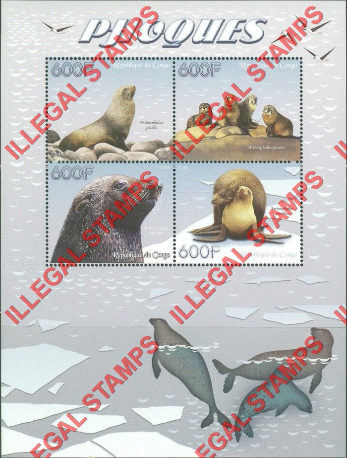 Congo Republic 2014 Seals Illegal Stamp Souvenir Sheet of 4 Congo Republic 2014 Seals Illegal Stamp Souvenir Sheet of 4