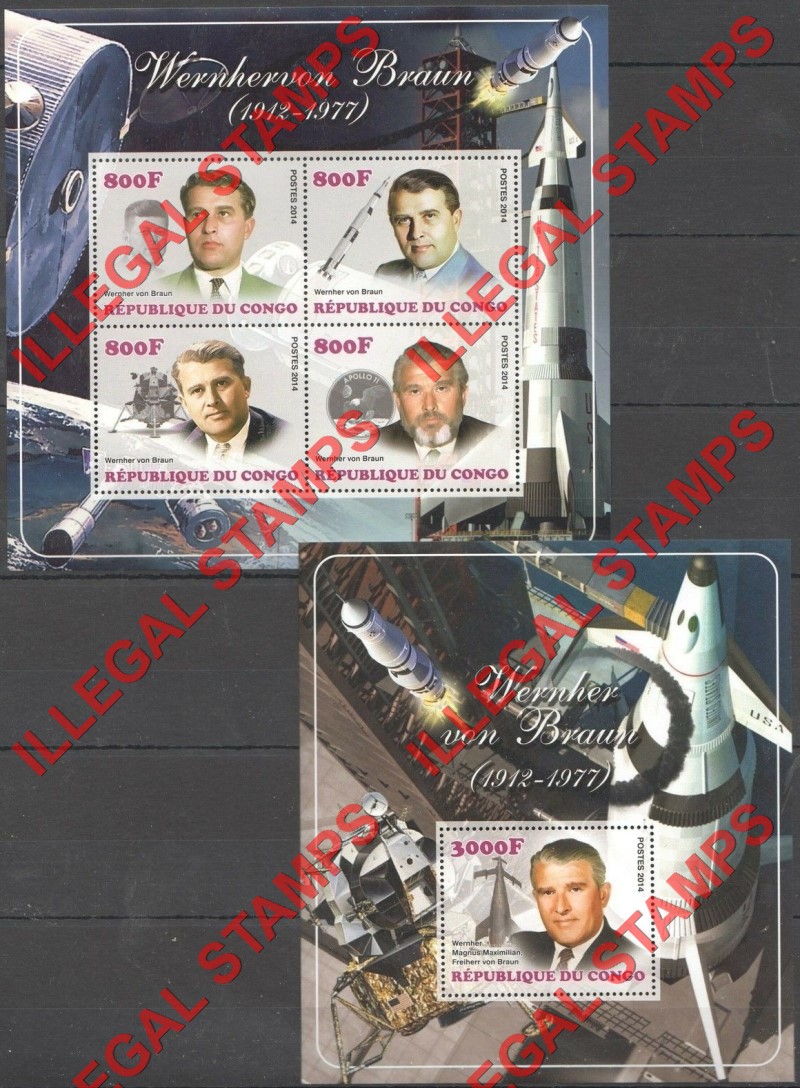 Congo Republic 2014 Space Wernher von Braun Illegal Stamp Souvenir Sheets of 4 and 1 (Part 1) Congo Republic 2014 Space Wernher von Braun Illegal Stamp Souvenir Sheets of 4 and 1 (Part 1)