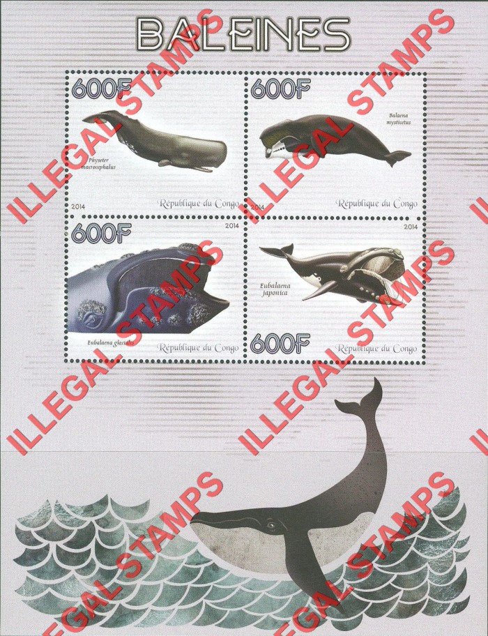 Congo Republic 2014 Whales Illegal Stamp Souvenir Sheet of 4 Congo Republic 2014 Whales Illegal Stamp Souvenir Sheet of 4
