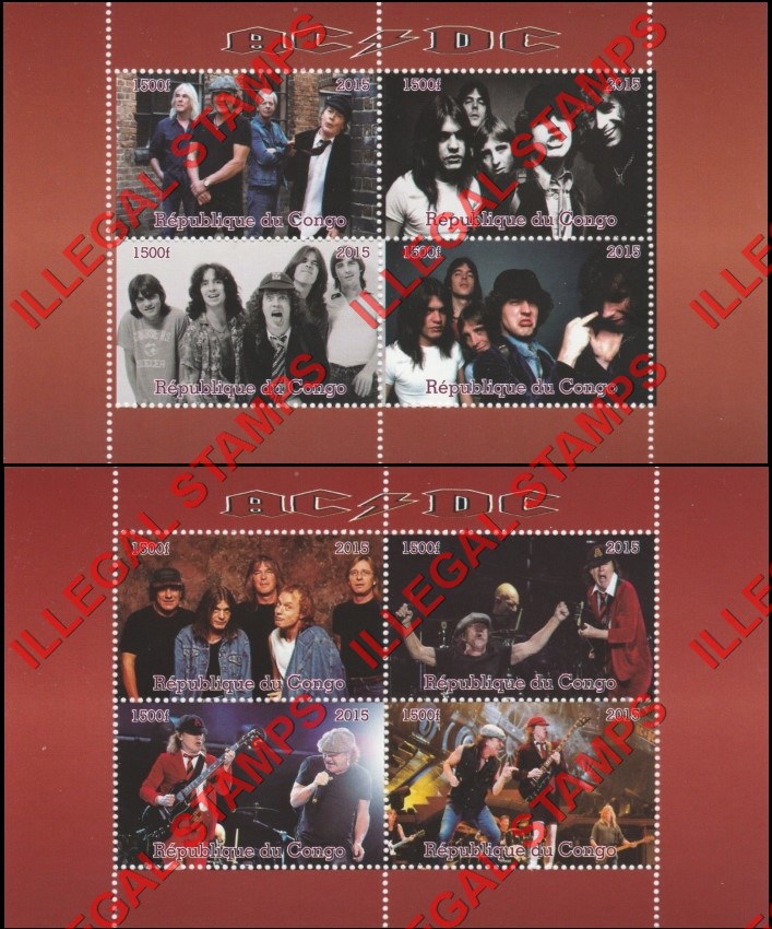 Congo Republic 2015 AC/DC Illegal Stamp Souvenir Sheets of 4 Congo Republic 2015 AC/DC Illegal Stamp Souvenir Sheets of 4