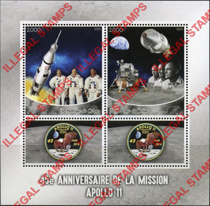 Congo Republic 2015 Apollo 11 Illegal Stamp Souvenir Sheet of 2 Congo Republic 2015 Apollo 11 Illegal Stamp Souvenir Sheet of 2