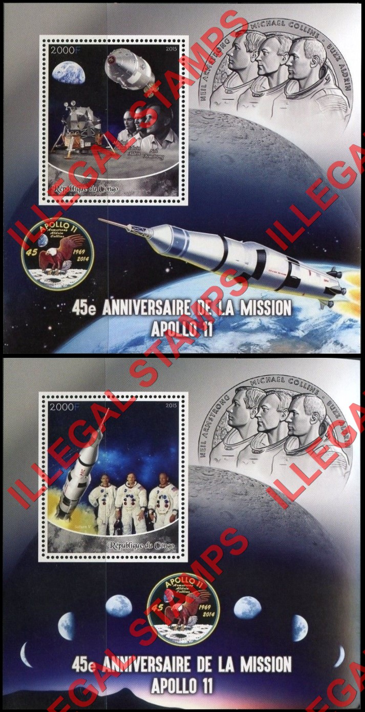 Congo Republic 2015 Apollo 11 Illegal Stamp Souvenir Sheets of 1 Congo Republic 2015 Apollo 11 Illegal Stamp Souvenir Sheets of 1