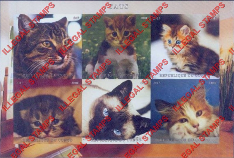 Congo Republic 2015 Cats Illegal Stamp Souvenir Sheet of 6 Congo Republic 2015 Cats Illegal Stamp Souvenir Sheet of 6