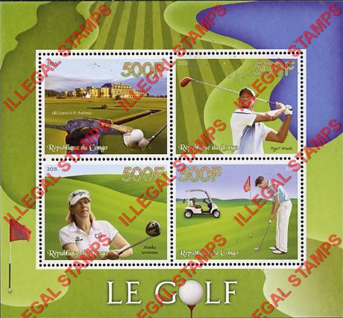 Congo Republic 2015 Golf Illegal Stamp Souvenir Sheet of 4 Congo Republic 2015 Golf Illegal Stamp Souvenir Sheet of 4