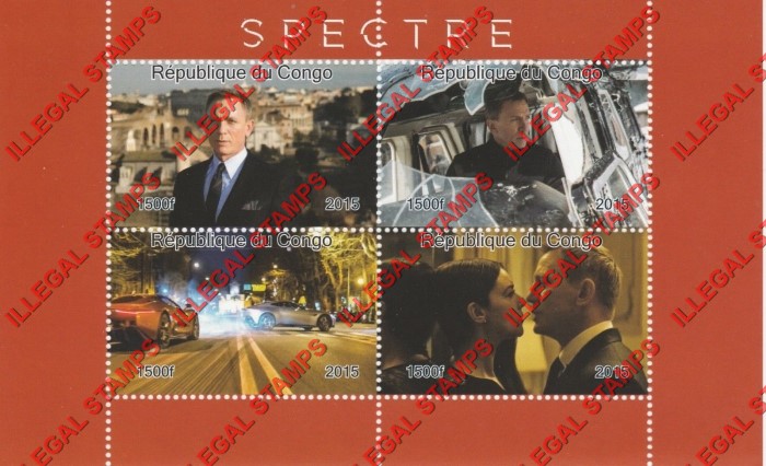 Congo Republic 2015 James Bond Spectre Illegal Stamp Souvenir Sheet of 4 Congo Republic 2015 James Bond Spectre Illegal Stamp Souvenir Sheet of 4