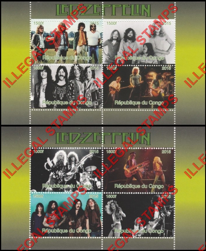 Congo Republic 2015 Led Zeppelin Illegal Stamp Souvenir Sheets of 4 Congo Republic 2015 Led Zeppelin Illegal Stamp Souvenir Sheets of 4