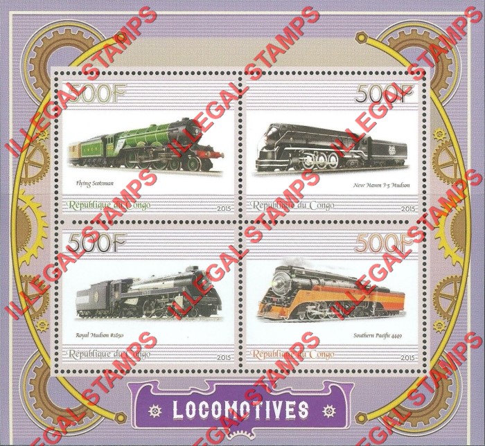 Congo Republic 2015 Locomotives Illegal Stamp Souvenir Sheet of 4 Congo Republic 2015 Locomotives Illegal Stamp Souvenir Sheet of 4