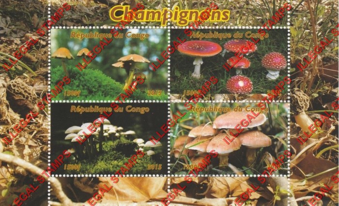 Congo Republic 2015 Mushrooms Illegal Stamp Souvenir Sheet of 4 Congo Republic 2015 Mushrooms Illegal Stamp Souvenir Sheet of 4