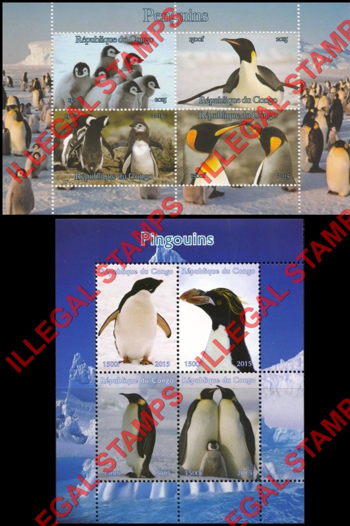 Congo Republic 2015 Penguins Illegal Stamp Souvenir Sheets of 4 Congo Republic 2015 Penguins Illegal Stamp Souvenir Sheets of 4