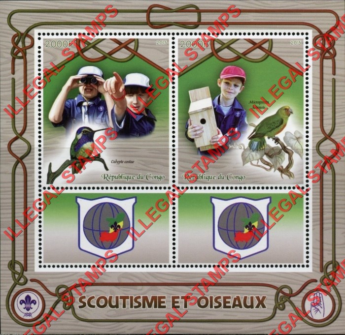 Congo Republic 2015 Scouts and Birds Illegal Stamp Souvenir Sheet of 4 Congo Republic 2015 Scouts and Birds Illegal Stamp Souvenir Sheet of 4