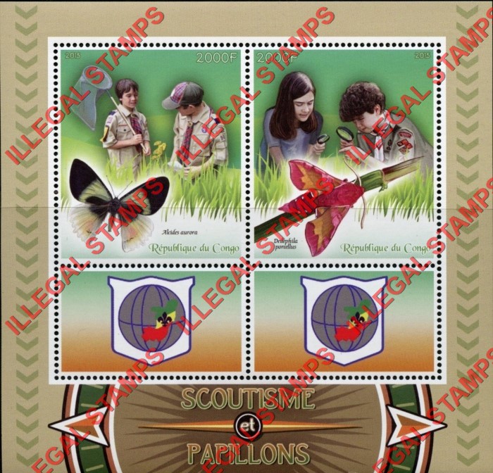 Congo Republic 2015 Scouts and Butterflies Illegal Stamp Souvenir Sheet of 4 Congo Republic 2015 Scouts and Butterflies Illegal Stamp Souvenir Sheet of 4