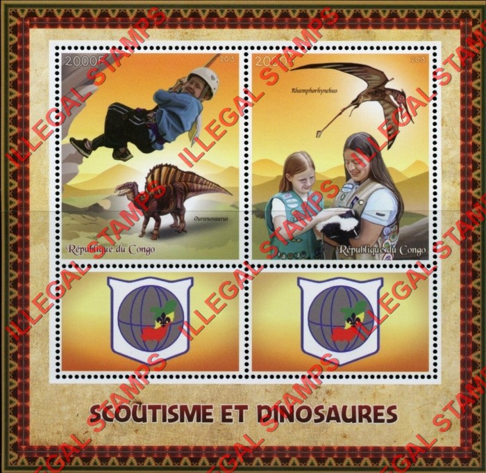 Congo Republic 2015 Scouts and Dinosaurs Illegal Stamp Souvenir Sheet of 4 Congo Republic 2015 Scouts and Dinosaurs Illegal Stamp Souvenir Sheet of 4