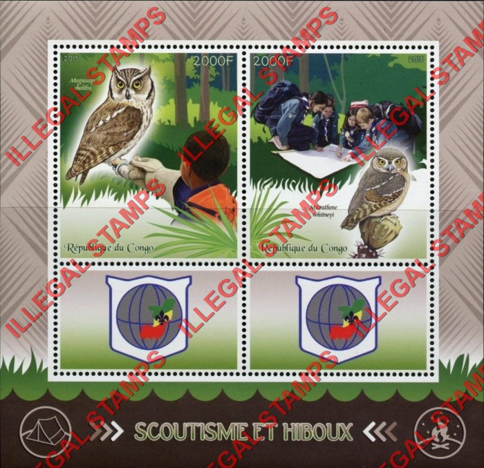 Congo Republic 2015 Scouts and Owls Illegal Stamp Souvenir Sheet of 4 Congo Republic 2015 Scouts and Owls Illegal Stamp Souvenir Sheet of 4