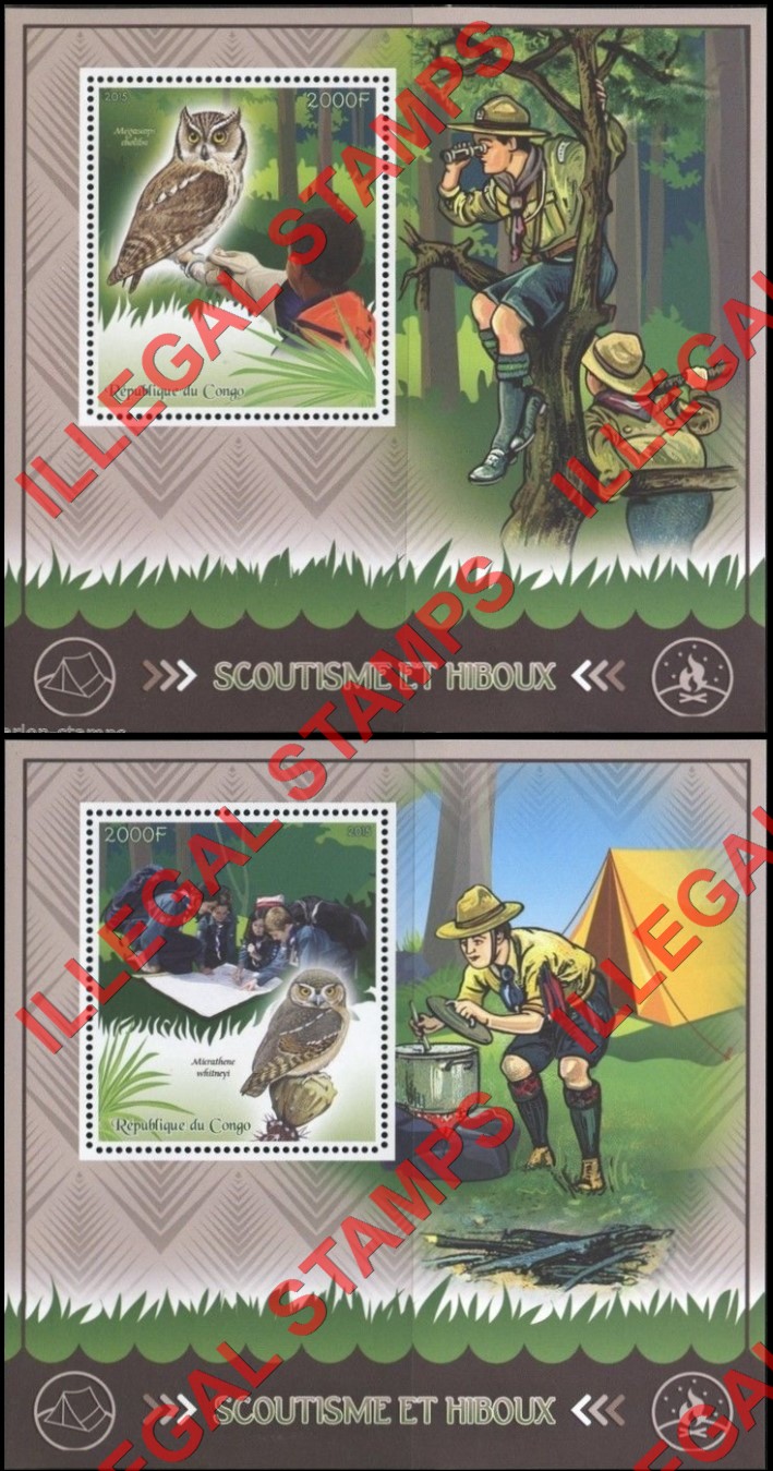 Congo Republic 2015 Scouts and Owls Illegal Stamp Souvenir Sheets of 1 Congo Republic 2015 Scouts and Owls Illegal Stamp Souvenir Sheets of 1