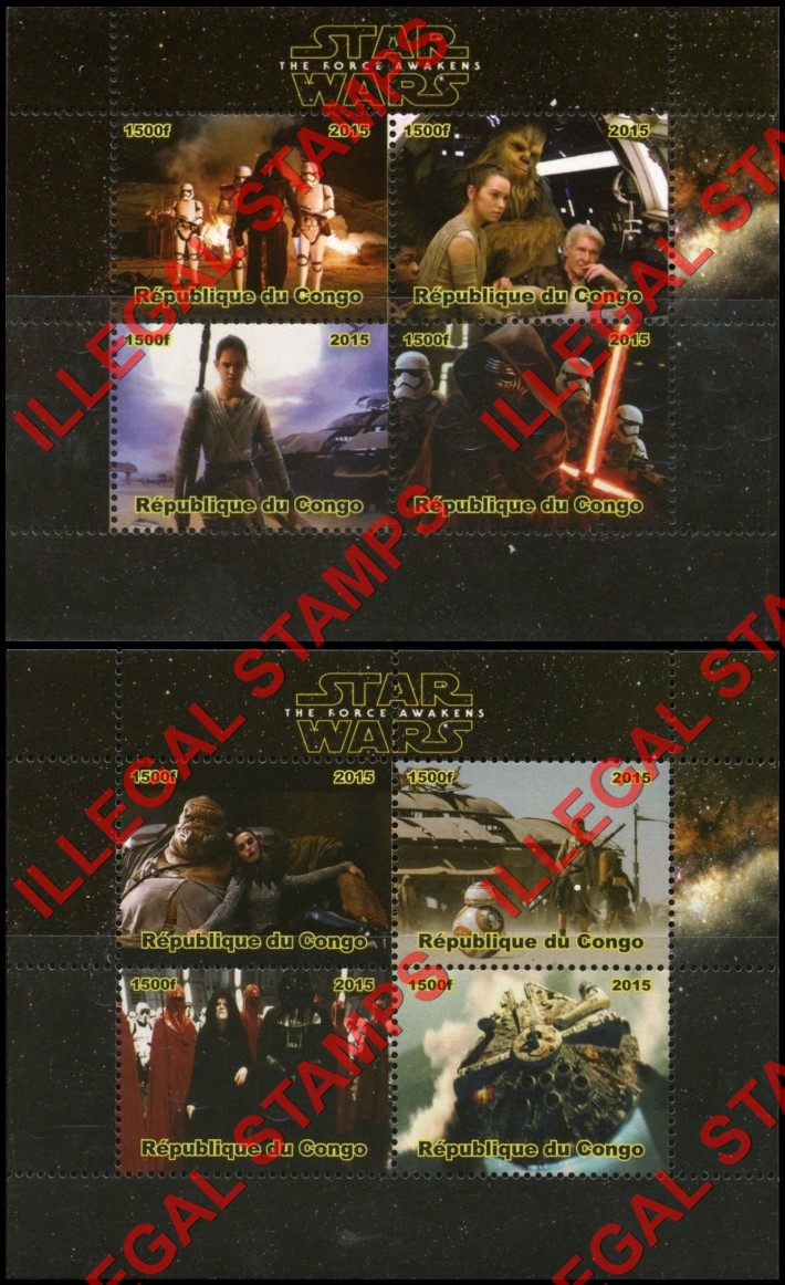 Congo Republic 2015 Star Wars Illegal Stamp Souvenir Sheets of 4 Congo Republic 2015 Star Wars Illegal Stamp Souvenir Sheets of 4