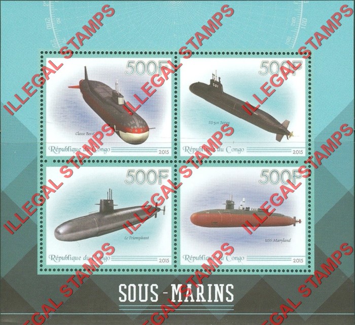 Congo Republic 2015 Submarines Illegal Stamp Souvenir Sheet of 4 Congo Republic 2015 Submarines Illegal Stamp Souvenir Sheet of 4