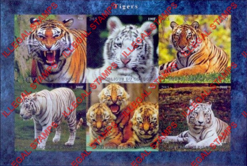 Congo Republic 2015 Tigers Illegal Stamp Souvenir Sheet of 6 Congo Republic 2015 Tigers Illegal Stamp Souvenir Sheet of 6