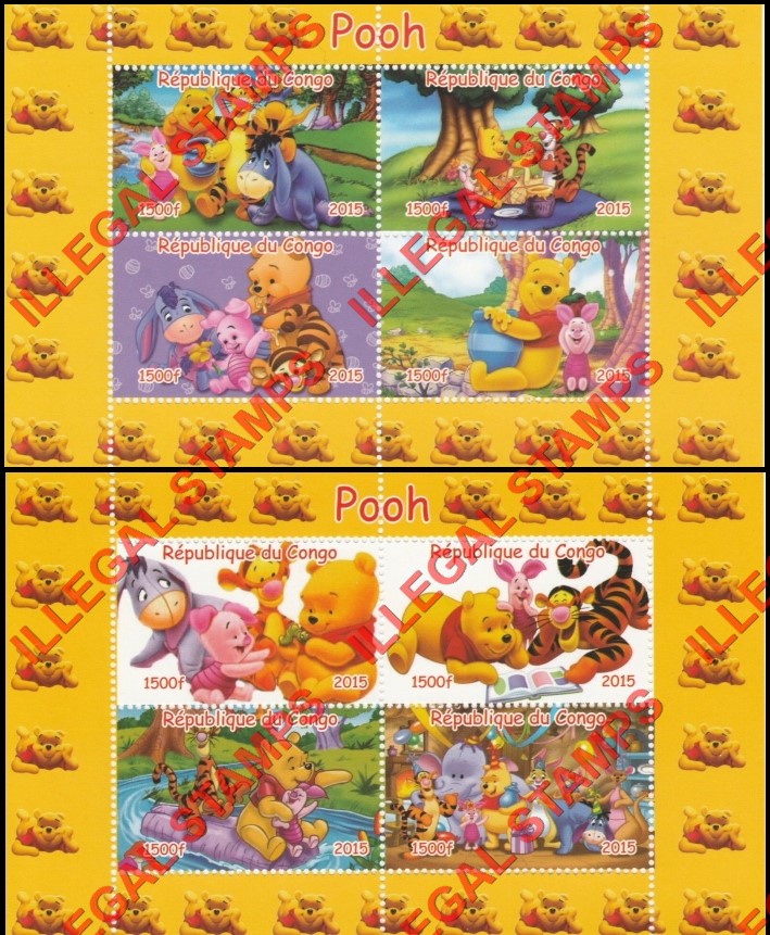 Congo Republic 2015 Whinnie the Pooh Illegal Stamp Souvenir Sheets of 4 Congo Republic 2015 Whinnie the Pooh Illegal Stamp Souvenir Sheets of 4