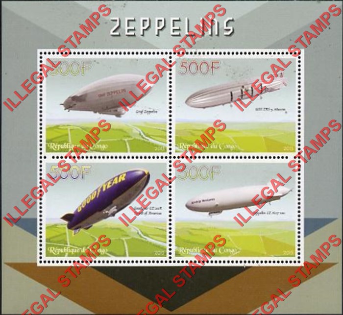 Congo Republic 2015 Zeppelins Illegal Stamp Souvenir Sheet of 4 Congo Republic 2015 Zeppelins Illegal Stamp Souvenir Sheet of 4