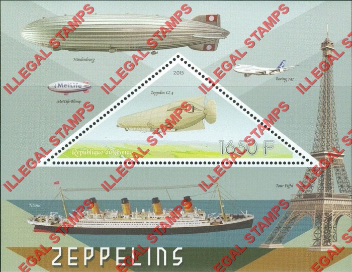 Congo Republic 2015 Zeppelins Illegal Stamp Souvenir Sheet of 1 Congo Republic 2015 Zeppelins Illegal Stamp Souvenir Sheet of 1
