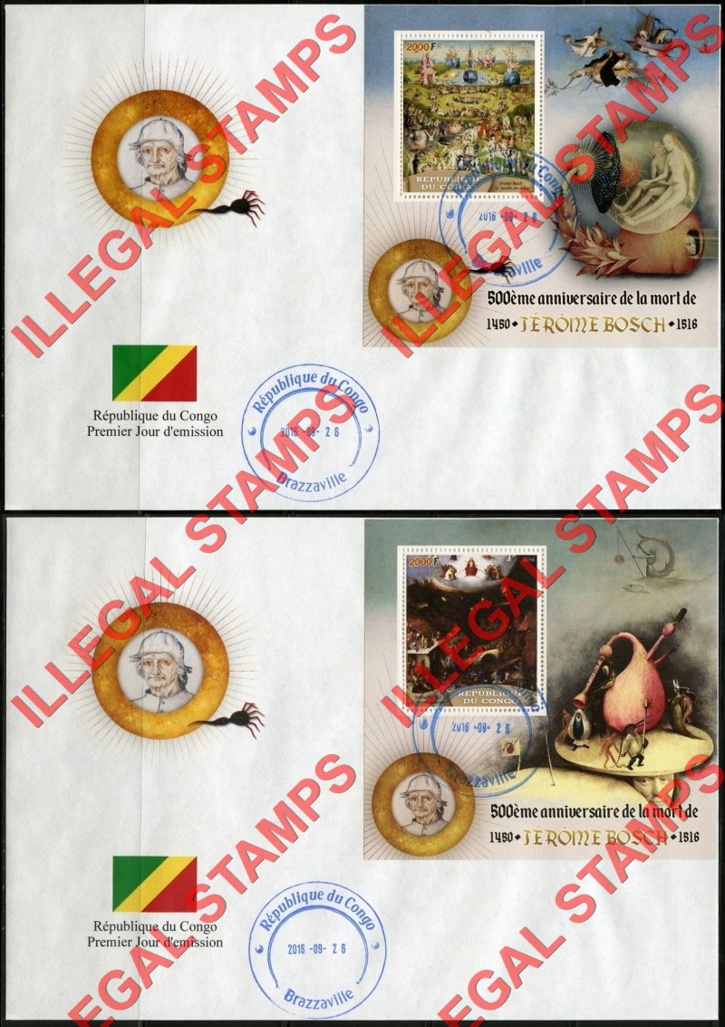 Congo Republic 2016 Paintings Bosch Illegal Stamp Souvenir Sheets of 1 on Fake First Day Covers Congo Republic 2016 Paintings Bosch Illegal Stamp Souvenir Sheets of 1 on Fake First Day Covers