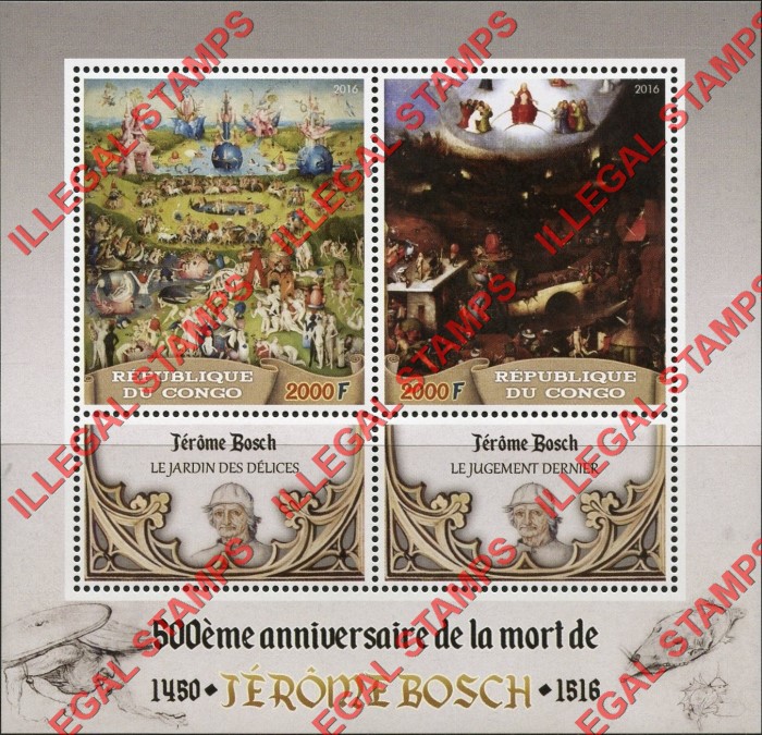 Congo Republic 2016 Paintings Bosch Illegal Stamp Souvenir Sheet of 2 Congo Republic 2016 Paintings Bosch Illegal Stamp Souvenir Sheet of 2