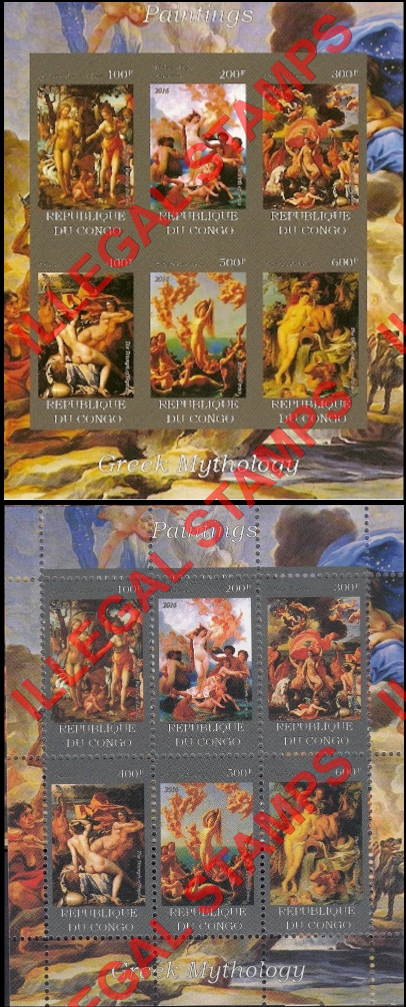 Congo Republic 2016 Paintings Greek Mythology Illegal Stamp Souvenir Sheets of 6 with Gold or Silver Borders Congo Republic 2016 Paintings Greek Mythology Illegal Stamp Souvenir Sheets of 6 with Gold or Silver Borders