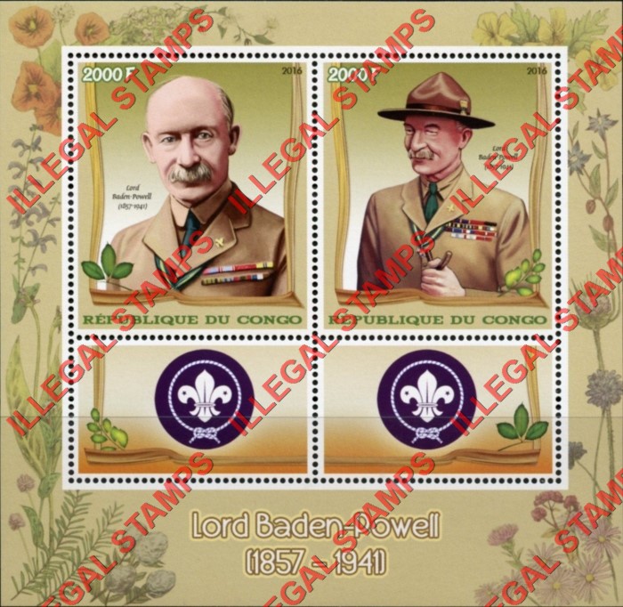 Congo Republic 2016 Scouts Baden Powell Illegal Stamp Souvenir Sheet of 2 Congo Republic 2016 Scouts Baden Powell Illegal Stamp Souvenir Sheet of 2