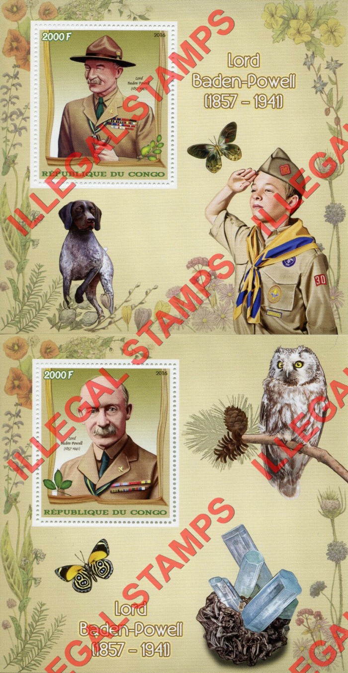 Congo Republic 2016 Scouts Baden Powell Illegal Stamp Souvenir Sheets of 1 Congo Republic 2016 Scouts Baden Powell Illegal Stamp Souvenir Sheets of 1