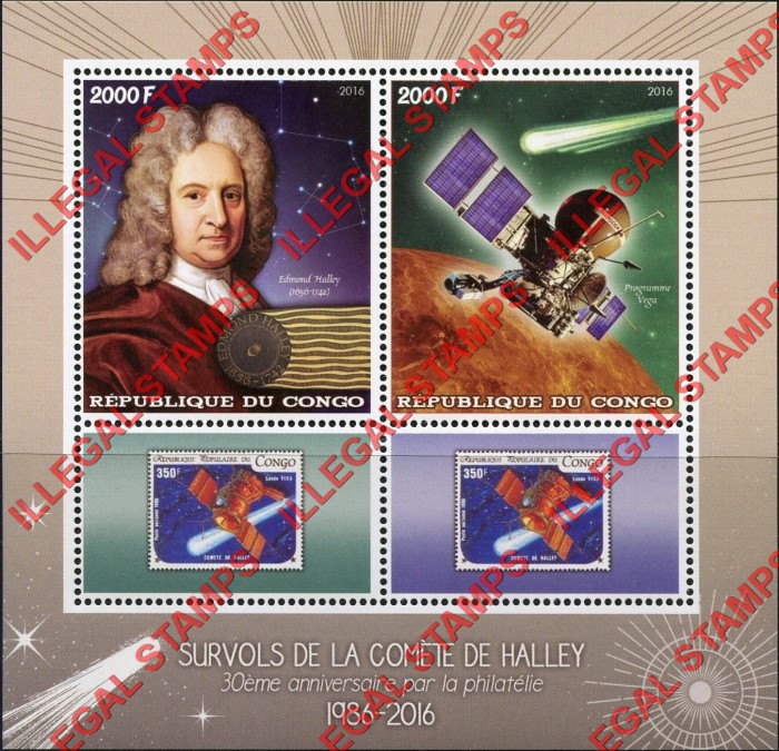 Congo Republic 2016 Space Edmond Halley Illegal Stamp Souvenir Sheet of 2 Congo Republic 2016 Space Edmond Halley Illegal Stamp Souvenir Sheet of 2