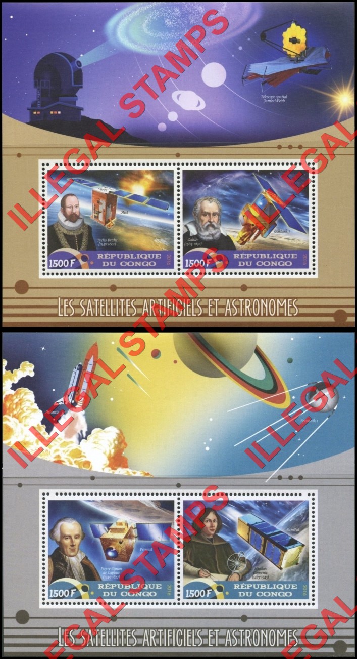 Congo Republic 2016 Space Satellites and Astronomers Illegal Stamp Souvenir Sheets of 2 Congo Republic 2016 Space Satellites and Astronomers Illegal Stamp Souvenir Sheets of 2