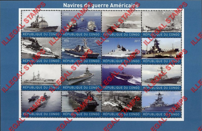 Congo Republic 2017 American Battle Ships Illegal Stamp Sheet of 16 Congo Republic 2017 American Battle Ships Illegal Stamp Sheet of 16