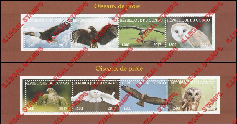 Congo Republic 2017 Birds of Prey Illegal Stamp Souvenir Sheets of 4 Congo Republic 2017 Birds of Prey Illegal Stamp Souvenir Sheets of 4