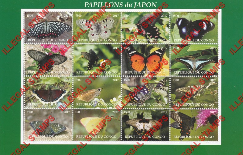 Congo Republic 2017 Butterflies Illegal Stamp Sheet of 16 Congo Republic 2017 Butterflies Illegal Stamp Sheet of 16