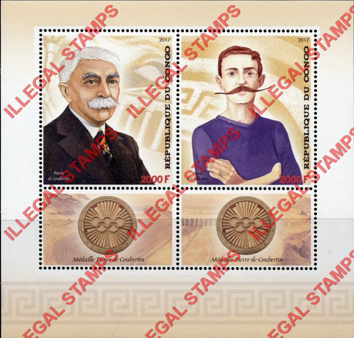 Congo Republic 2017 Pierre de Coubertin Illegal Stamp Souvenir Sheet of 2 Congo Republic 2017 Pierre de Coubertin Illegal Stamp Souvenir Sheet of 2