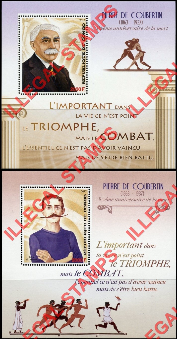Congo Republic 2017 Pierre de Coubertin Illegal Stamp Souvenir Sheets of 1 Congo Republic 2017 Pierre de Coubertin Illegal Stamp Souvenir Sheets of 1