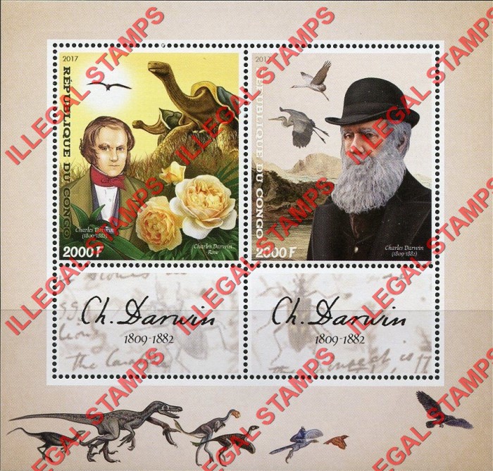 Congo Republic 2017 Charles Darwin Illegal Stamp Souvenir Sheet of 2 Congo Republic 2017 Charles Darwin Illegal Stamp Souvenir Sheet of 2