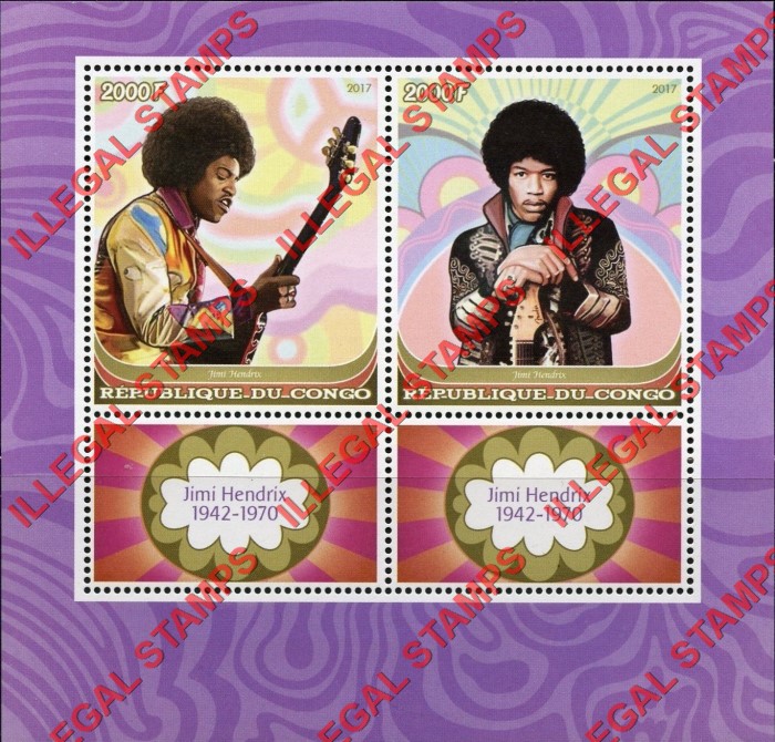Congo Republic 2017 Jimi Hendrix Illegal Stamp Souvenir Sheet of 2 Congo Republic 2017 Jimi Hendrix Illegal Stamp Souvenir Sheet of 2