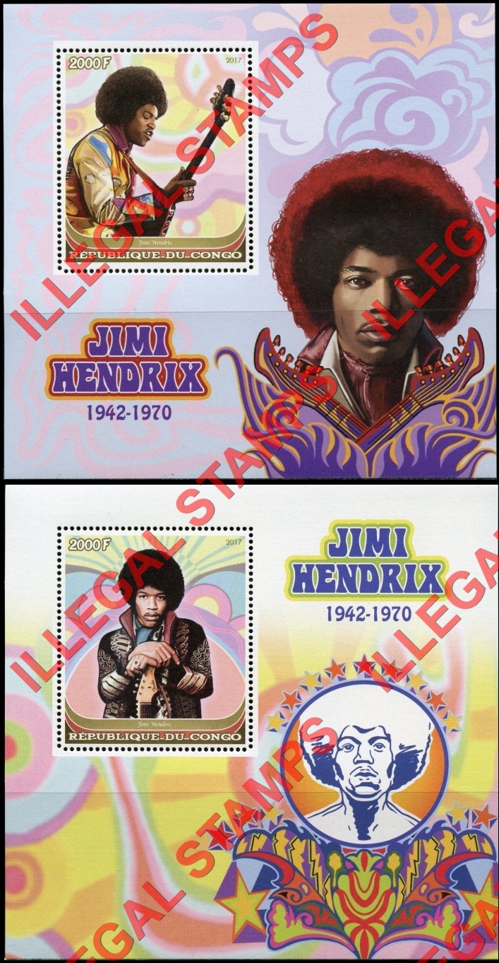 Congo Republic 2017 Jimi Hendrix Illegal Stamp Souvenir Sheets of 1 Congo Republic 2017 Jimi Hendrix Illegal Stamp Souvenir Sheets of 1