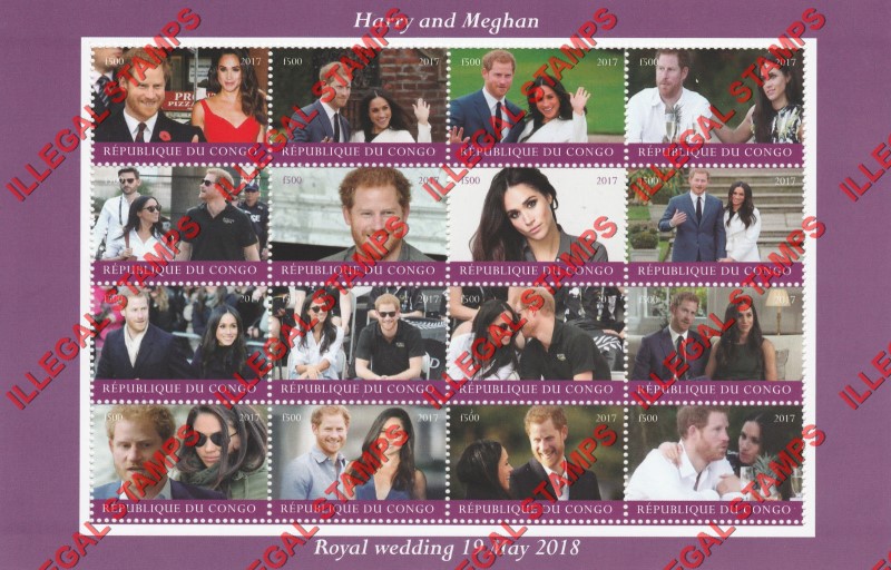 Congo Republic 2017 Prince Harry and Meghan Illegal Stamp Sheet of 16 Congo Republic 2017 Prince Harry and Meghan Illegal Stamp Sheet of 16