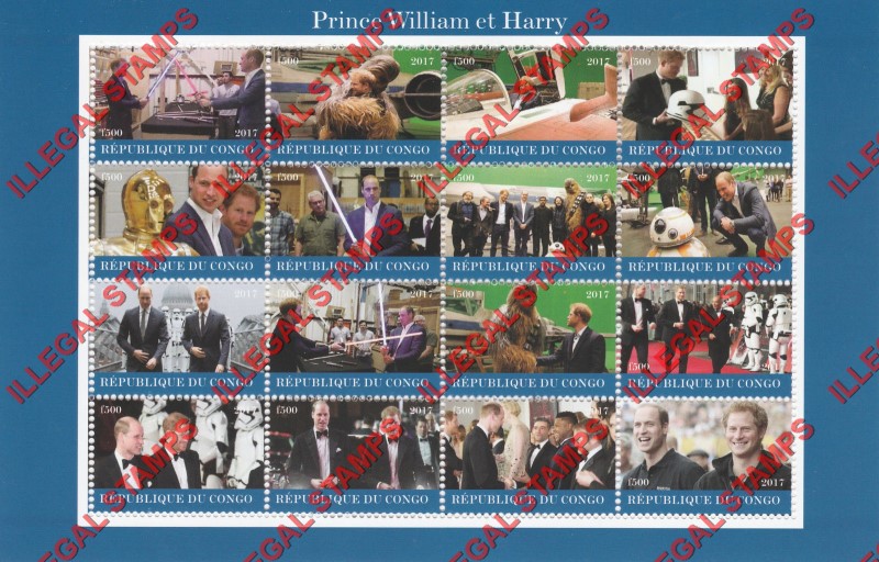 Congo Republic 2017 Prince William and Prince Harry Illegal Stamp Sheet of 16 Congo Republic 2017 Prince William and Prince Harry Illegal Stamp Sheet of 16