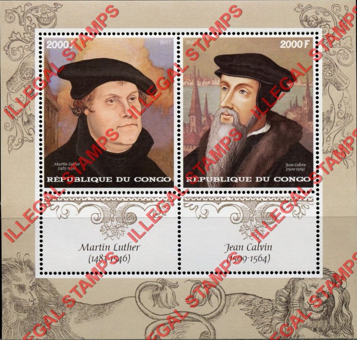 Congo Republic 2017 Protestant Reformation Illegal Stamp Souvenir Sheet of 2 Congo Republic 2017 Protestant Reformation Illegal Stamp Souvenir Sheet of 2