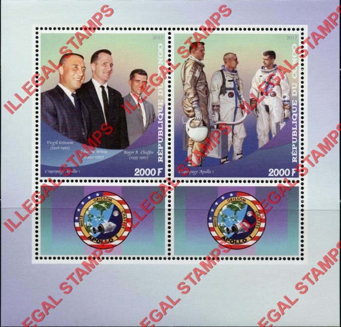 Congo Republic 2017 Space Apollo 1 Tragedy Illegal Stamp Souvenir Sheet of 2 Congo Republic 2017 Space Apollo 1 Tragedy Illegal Stamp Souvenir Sheet of 2