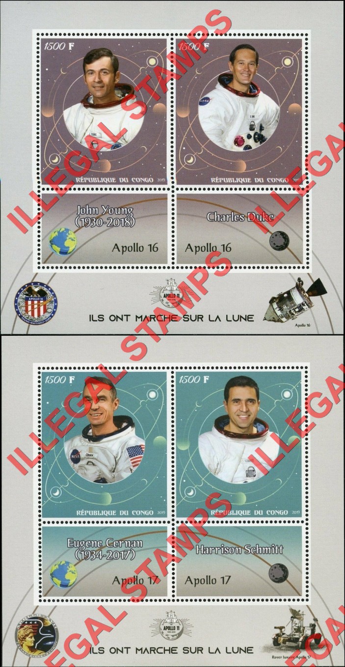 Congo Republic 2017 Space Apollo They Walked on the Moon Illegal Stamp Souvenir Sheets of 2 (Part 3) Congo Republic 2017 Space Apollo They Walked on the Moon Illegal Stamp Souvenir Sheets of 2 (Part 3)