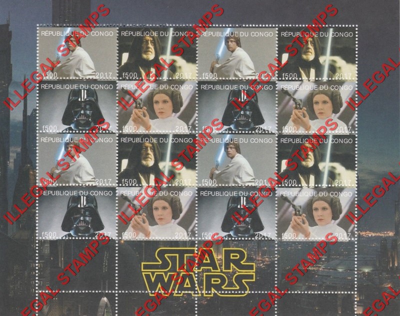 Congo Republic 2017 Star Wars Illegal Stamp Sheet of 16 Congo Republic 2017 Star Wars Illegal Stamp Sheet of 16